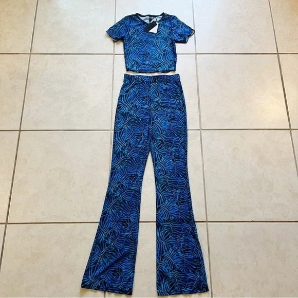 NWT Kendall & Kylie Two Piece Swim Coverup Pant / Top Set - Blue Leaf Mesh Set