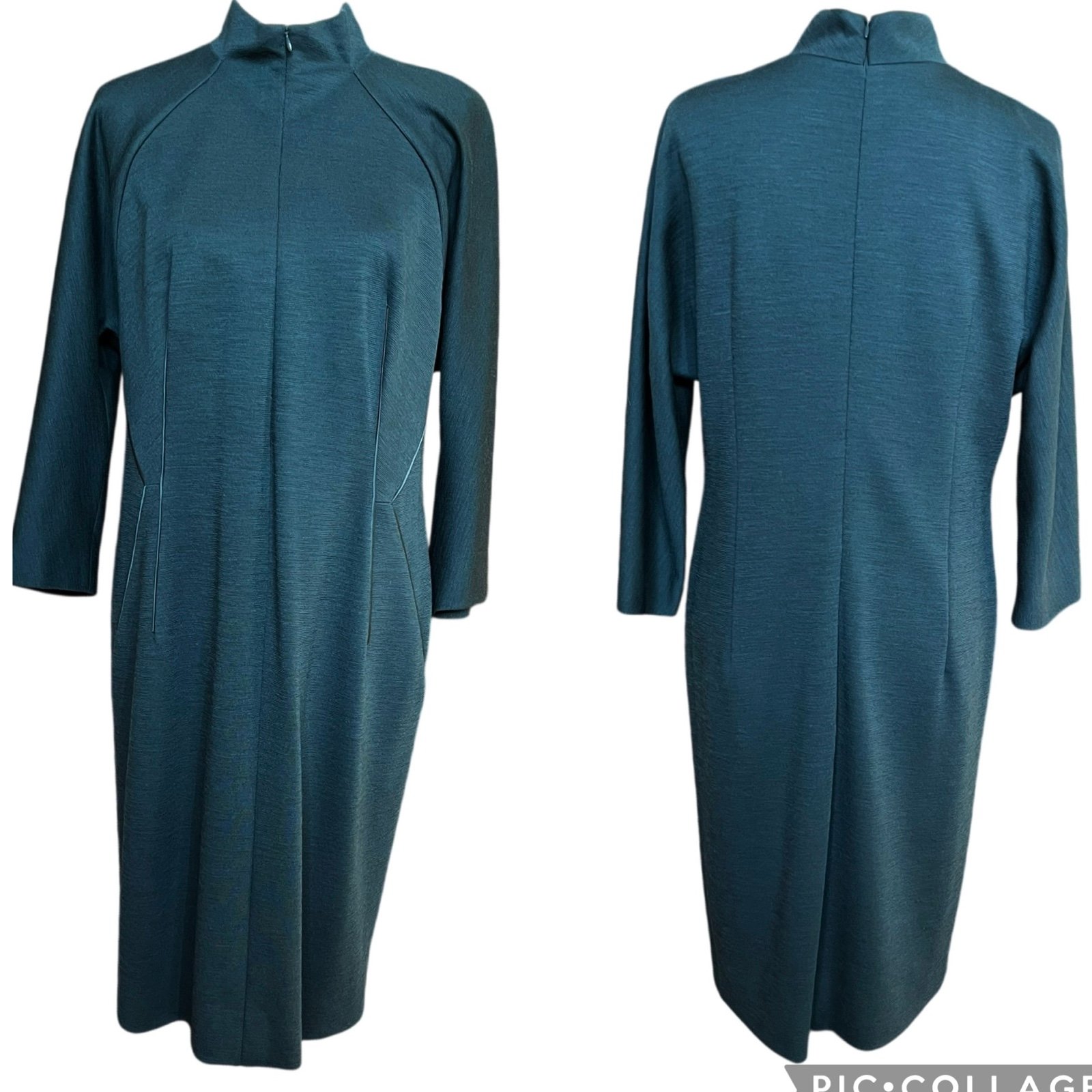 Akris Dress Size 12 Green Wool Mock Neck Sheath Knee Length Pockets Front Zip
