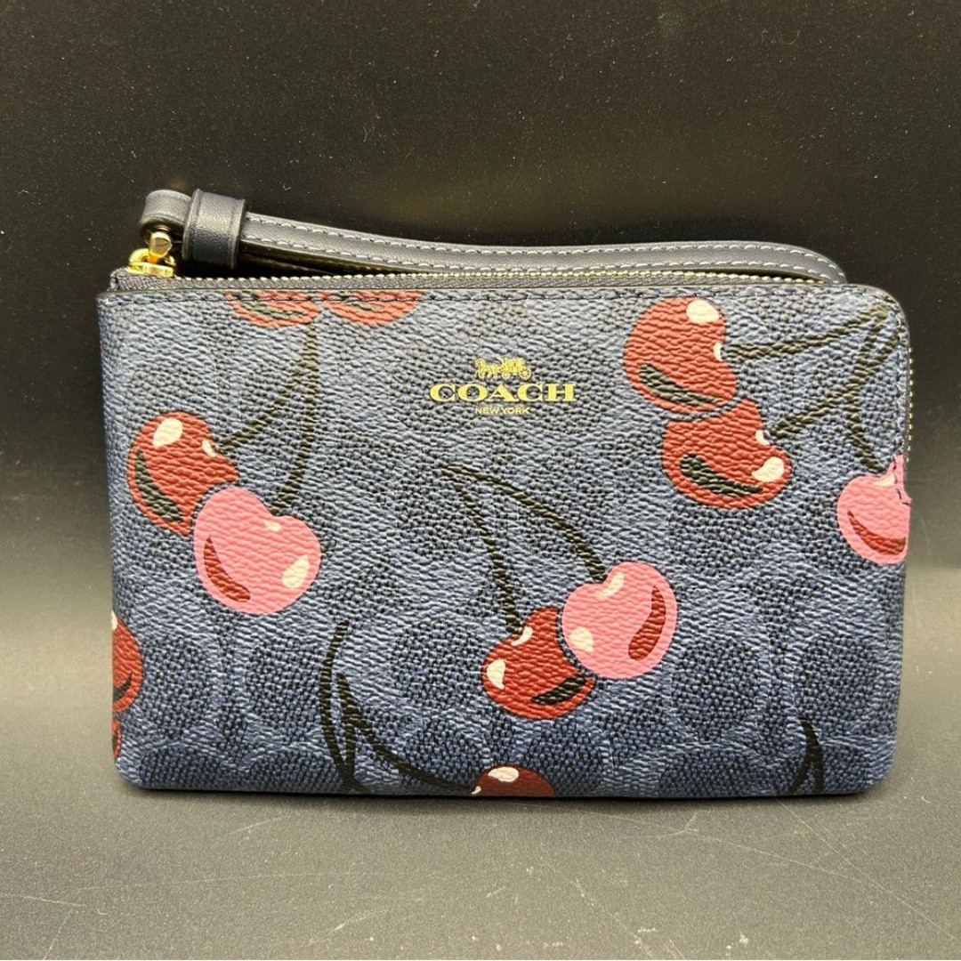 New Coach Blue Wristlet with Pink Cherry Print
