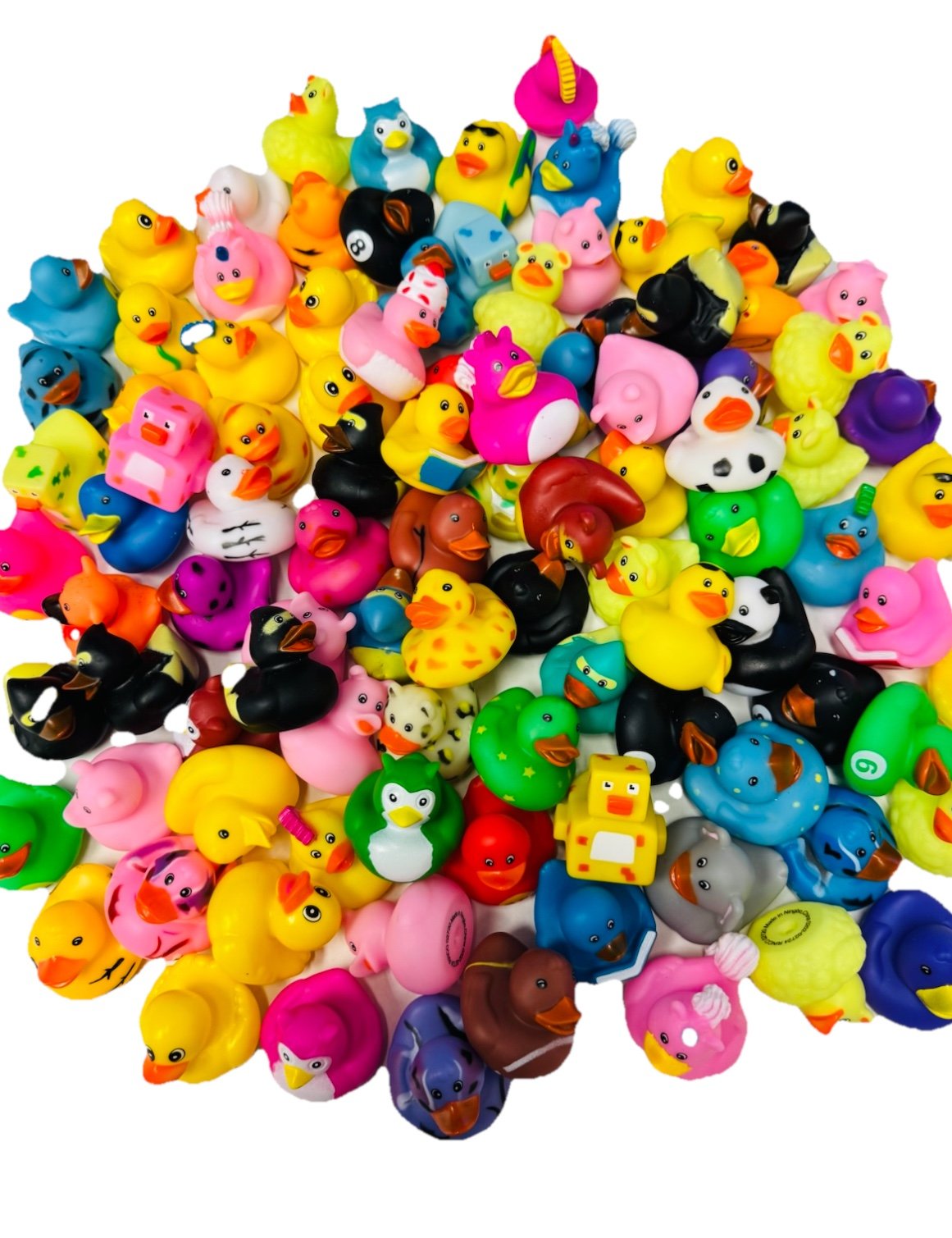100 Assorted Rubber Ducks For Duck Crane Machines Toys 2” (No Squeak Sound)