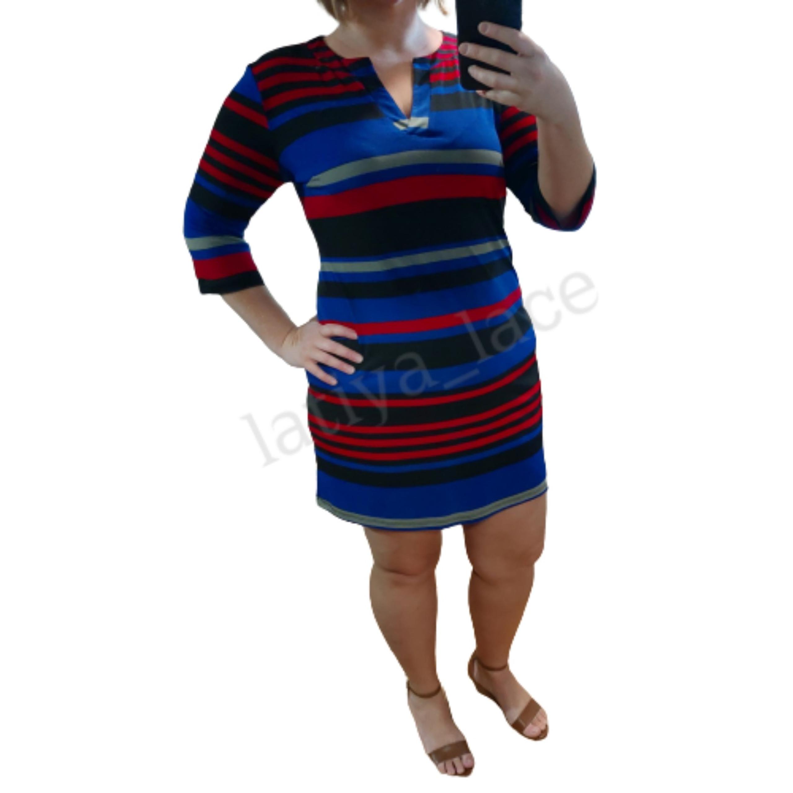 Emma & Michele Multicolor Striped Shift Dress Blue Red Black 3/4 Sleeves Stretch