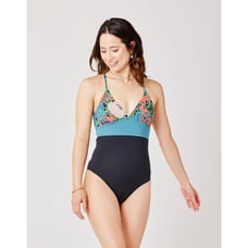 Carve Designs Dahlia Recycled Floral Colorblock Blue Black One Piece Swimsuit M