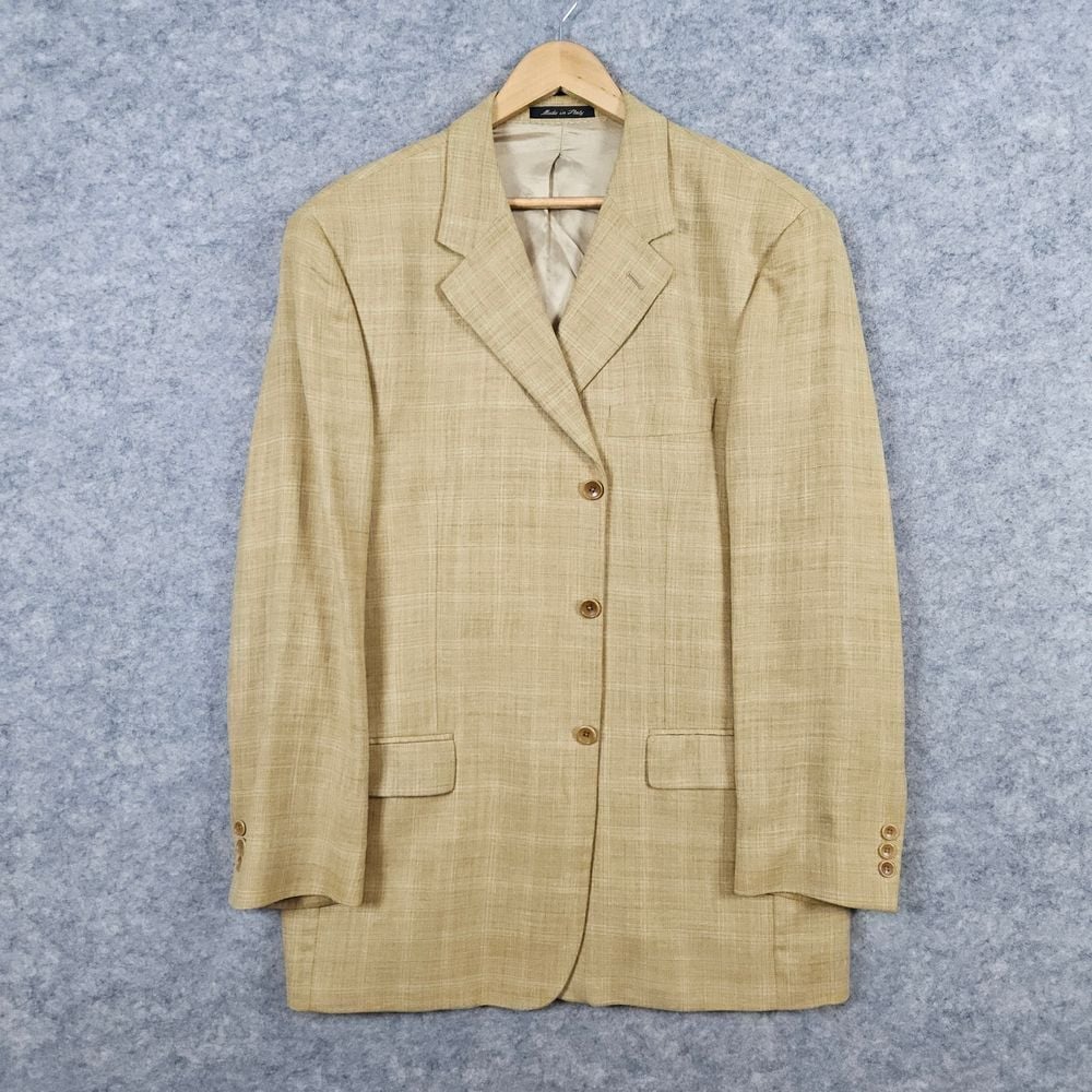 Zino Men's Blazer Size 42R Tan Windowpane Wool/Linen Pantex Preppy Academia