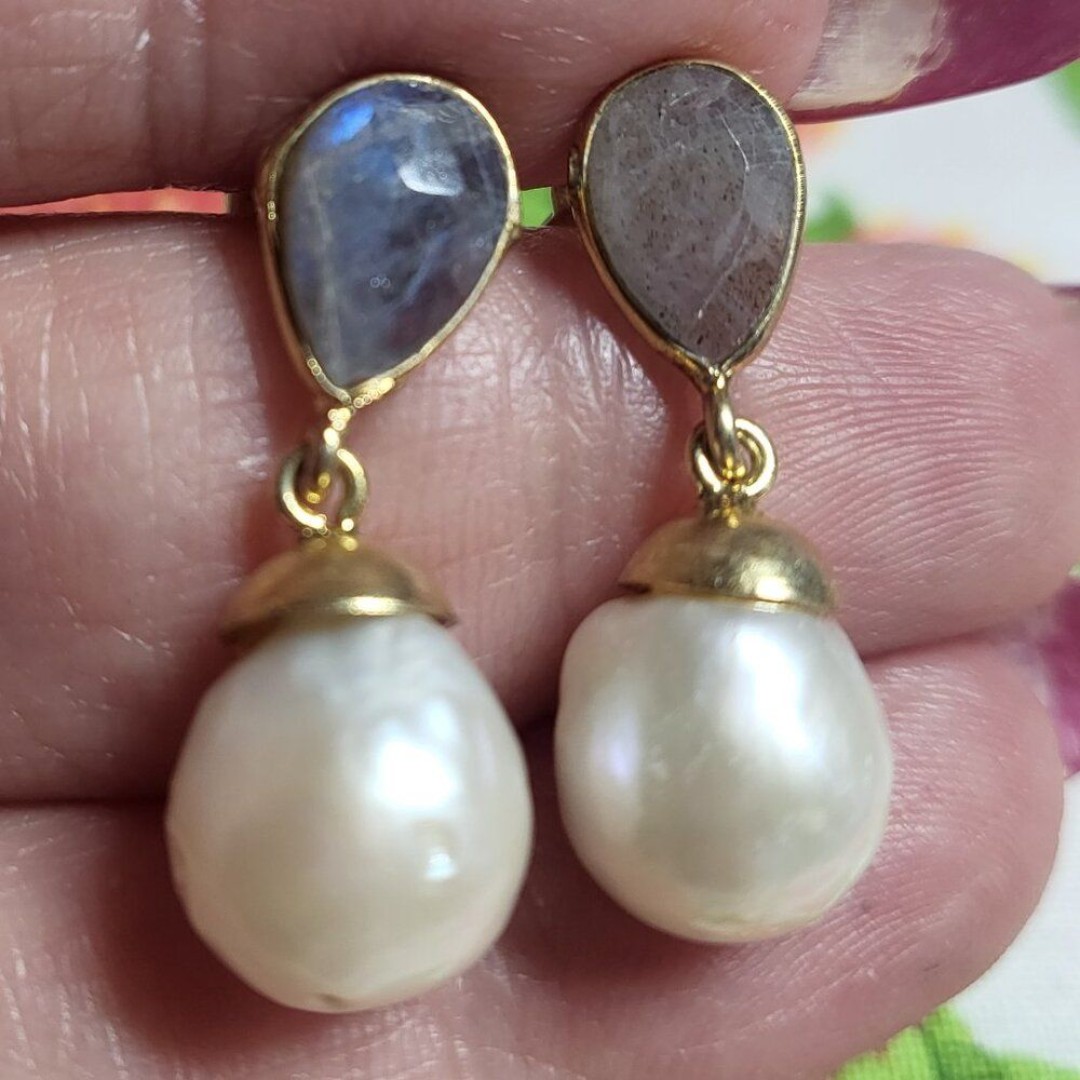 Malagasy Labradorite & Freshwater Pearl 14k YG/Sterling Silver Earrings