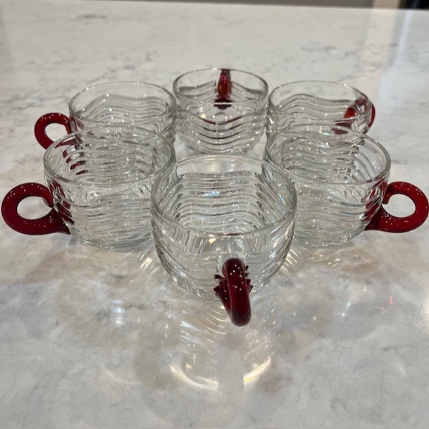 7 Duncan & Miller Glass Caribbean Punch Cups, Clear with Red Handle, Wavy Design