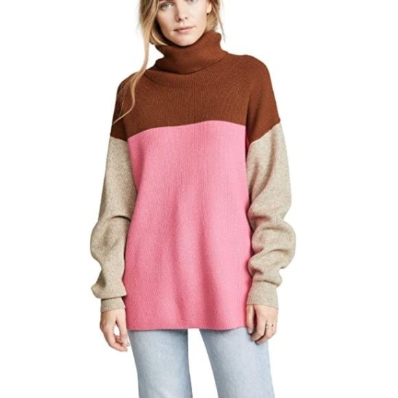 Free People Women's Softly Structured Colorblock Sweater Candy Pop Pink Cowl S