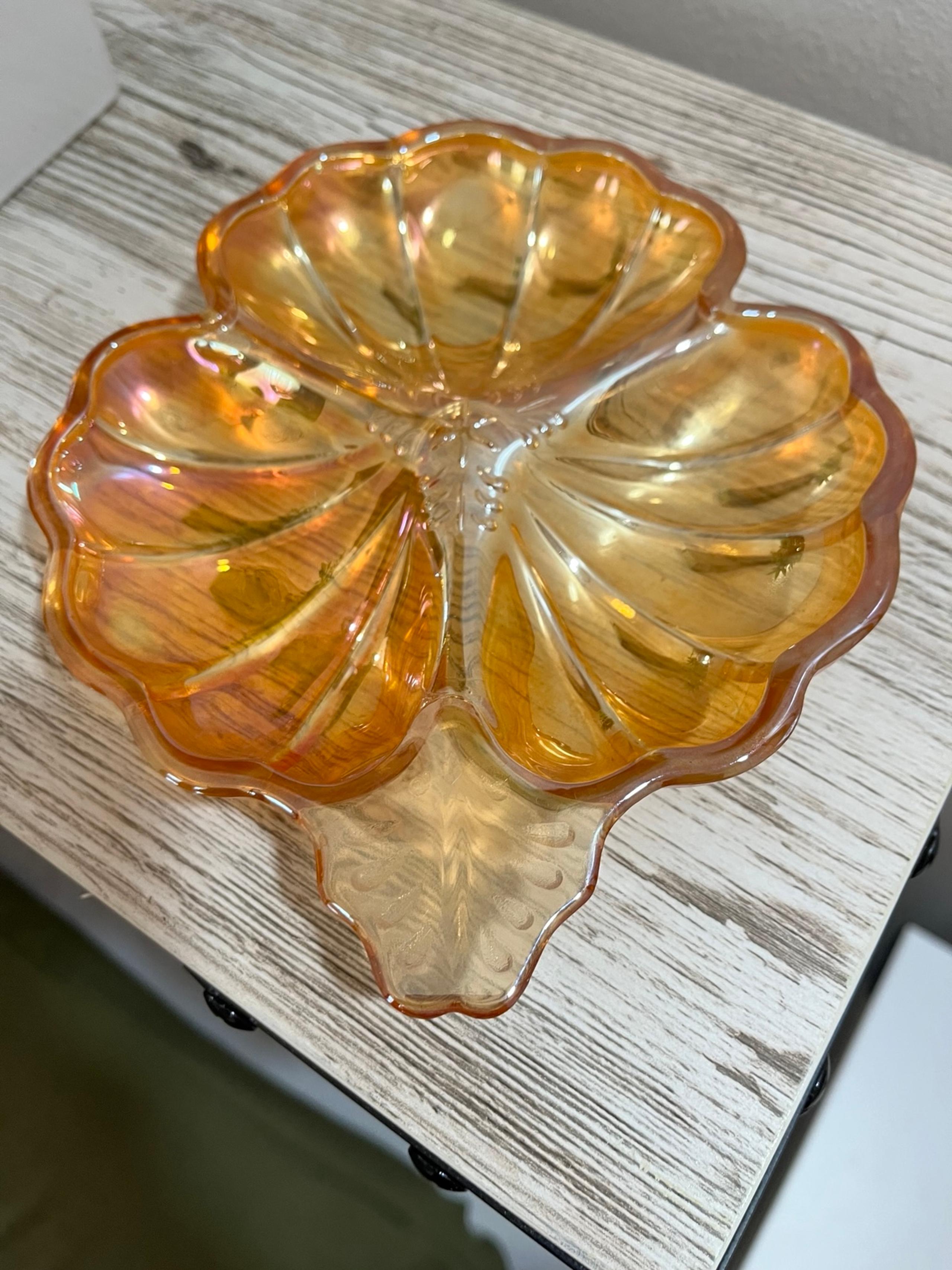 Carnival Glass Jeanette Clover Leaf Dish Candy Dish Marigold Amber Vintage 1940s