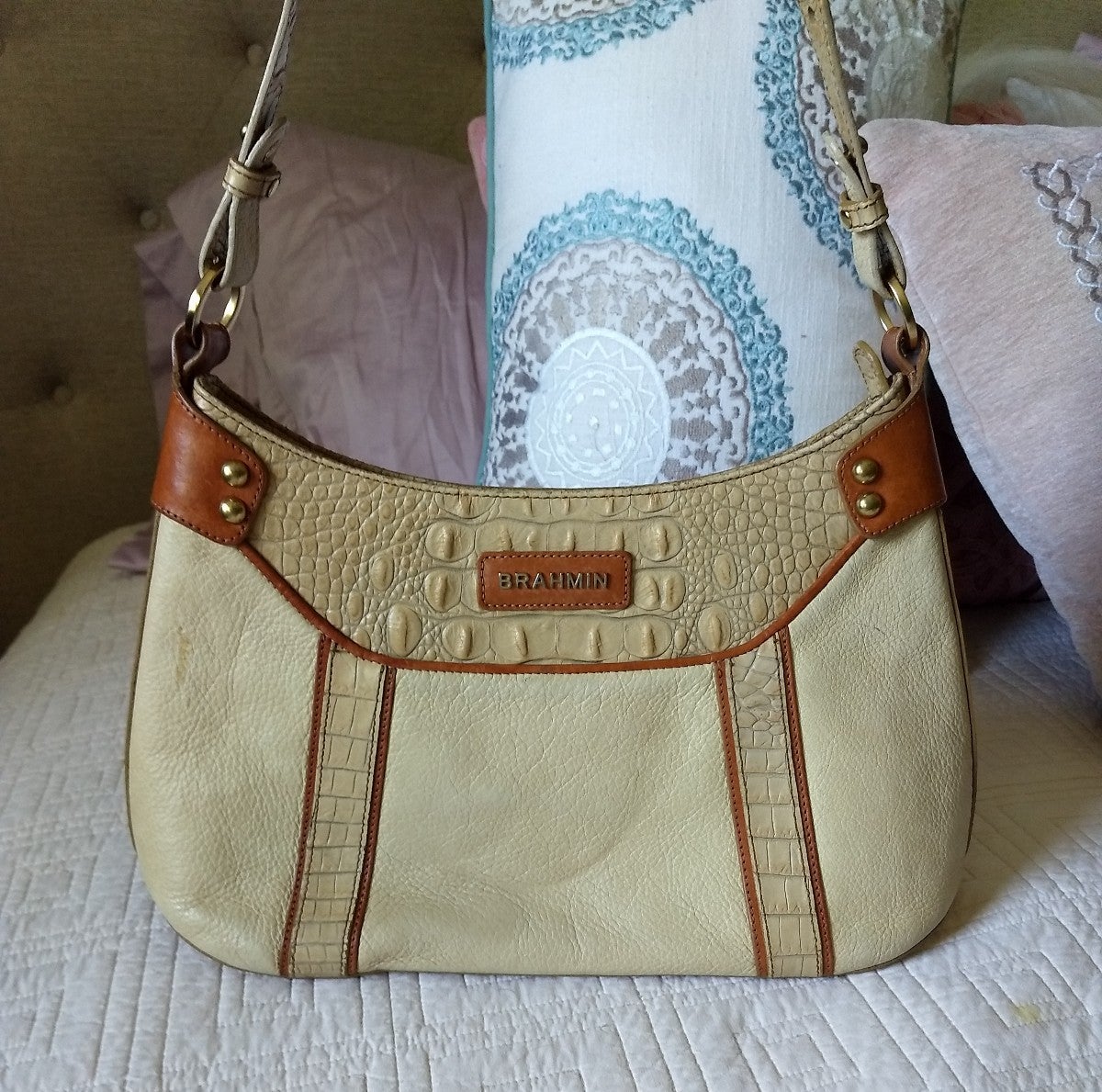 Vintage Brahmin Crocodile Embossed Brown & Beige Leather Shoulder Handbag