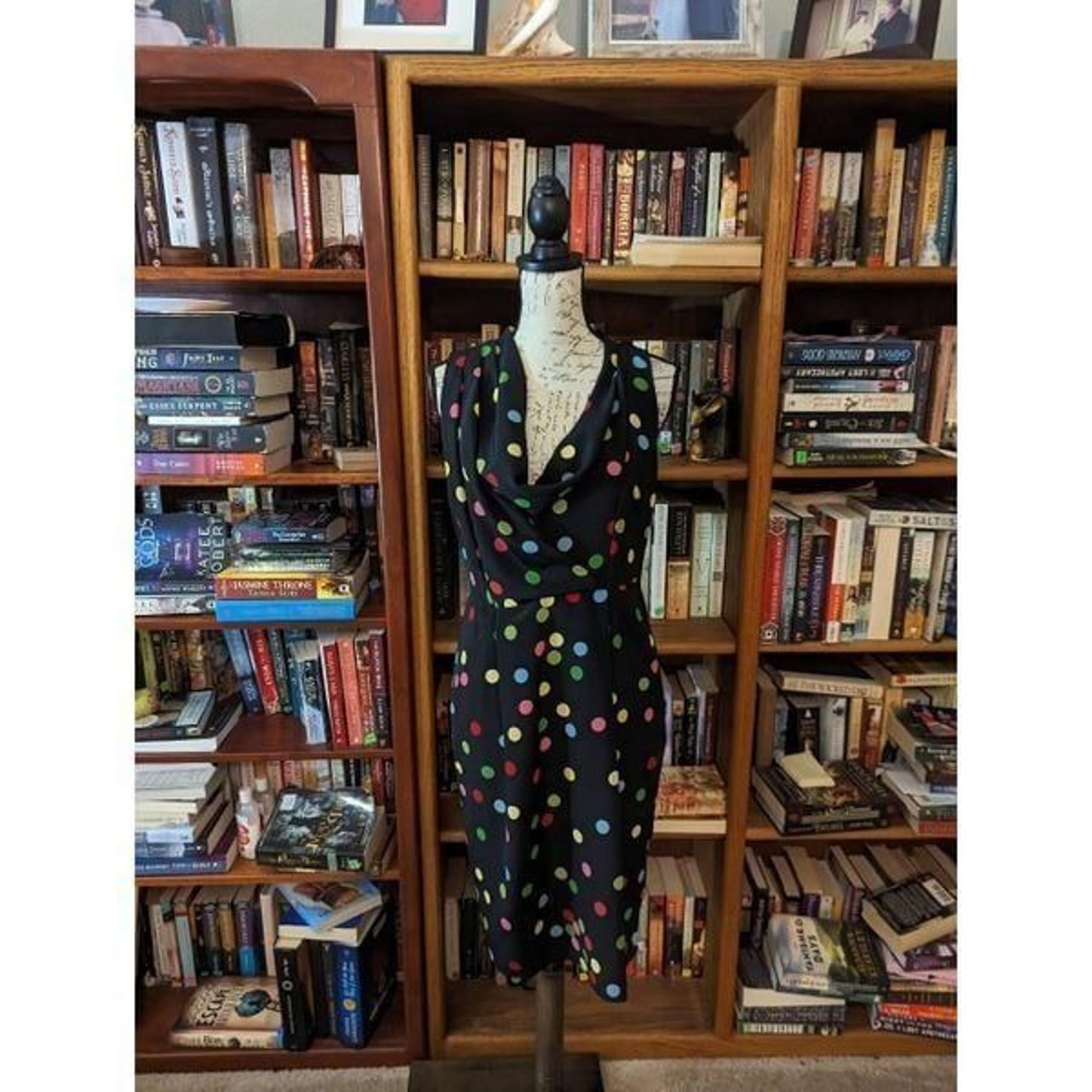 Eva Franco polkadot dress multi colored sz 4 sleeveless cowl neck knee-length