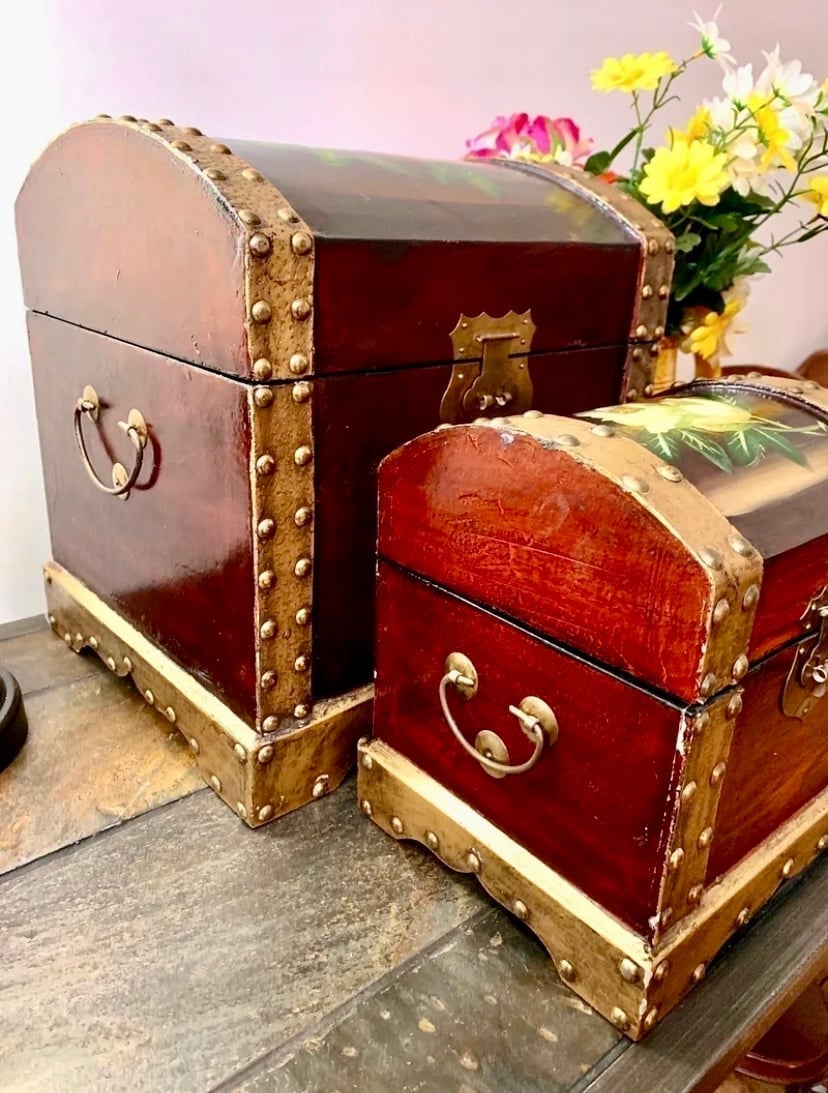 Vintage, Set of 2 Hand Painted Nesting Wooden Treasure Chests
