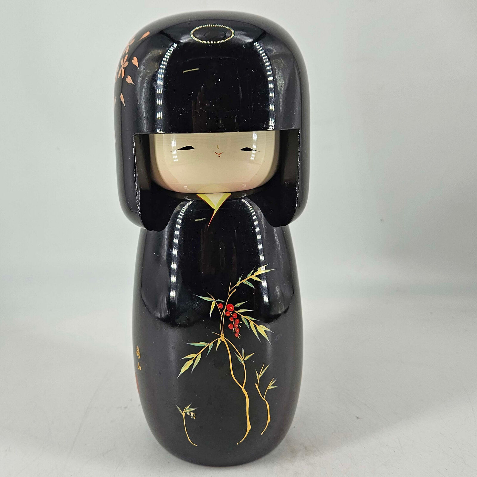 Vintage tall black lacquer Japanese Wood Wooden hand painted KOKESHI Doll 9