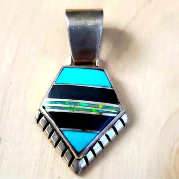‘Desert Night’ Sterling Silver Black Opal Turquoise 925 Signed Pendant