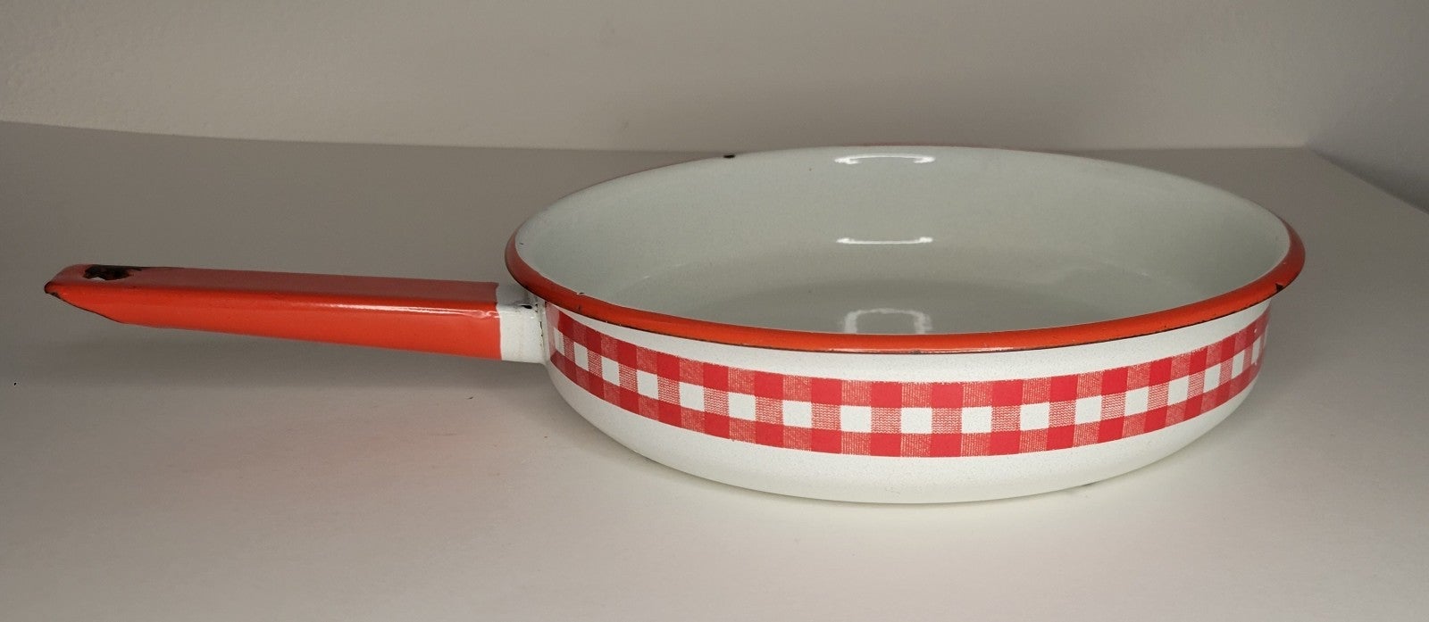 Vintage Red & white Checkered Enamelware Metal Skillet