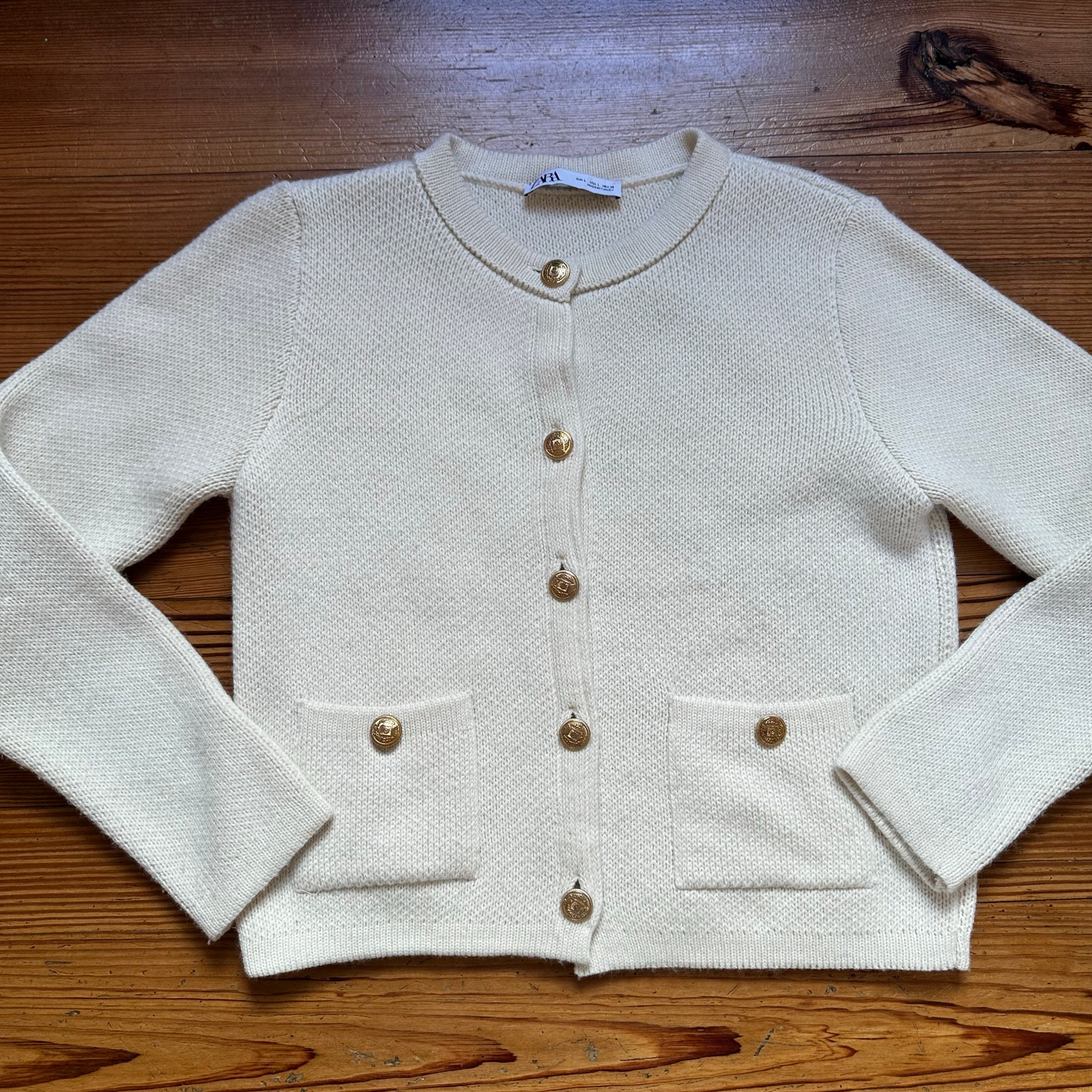 Zara cream knit gold button cardigan sweater SIZE L