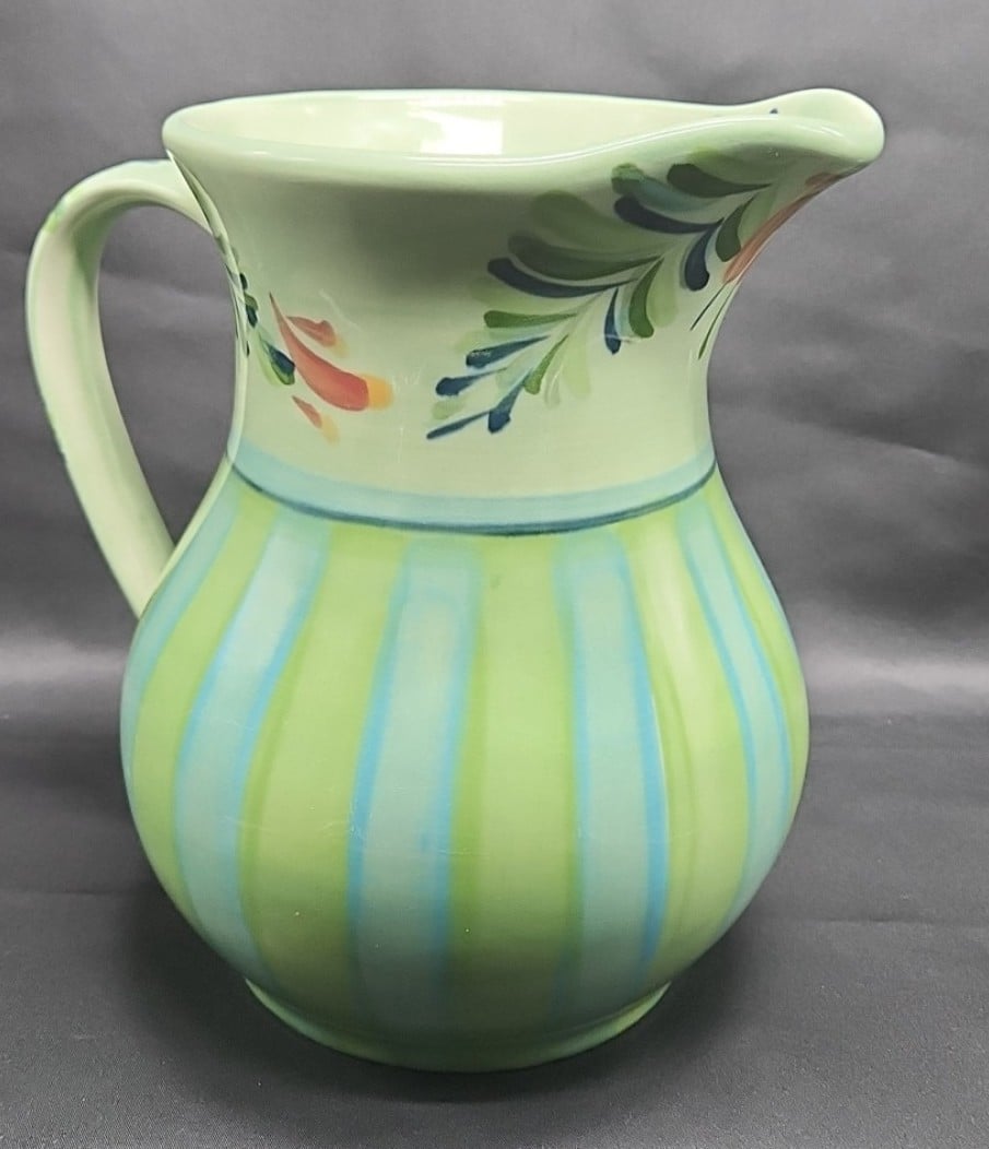 RETIRED VTG CERAMIC HAND PAINTED FLORAL ACCENT BLUE GREEN STRIPES PITCHER SIGNED