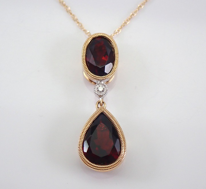 14K Yellow Gold Garnet and Diamond Teardrop Pendant Necklace