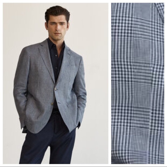 NWT. Massimo Dutti Limited Edition Blue Glen Plaids Linen/Wool Jacket. Size 44.