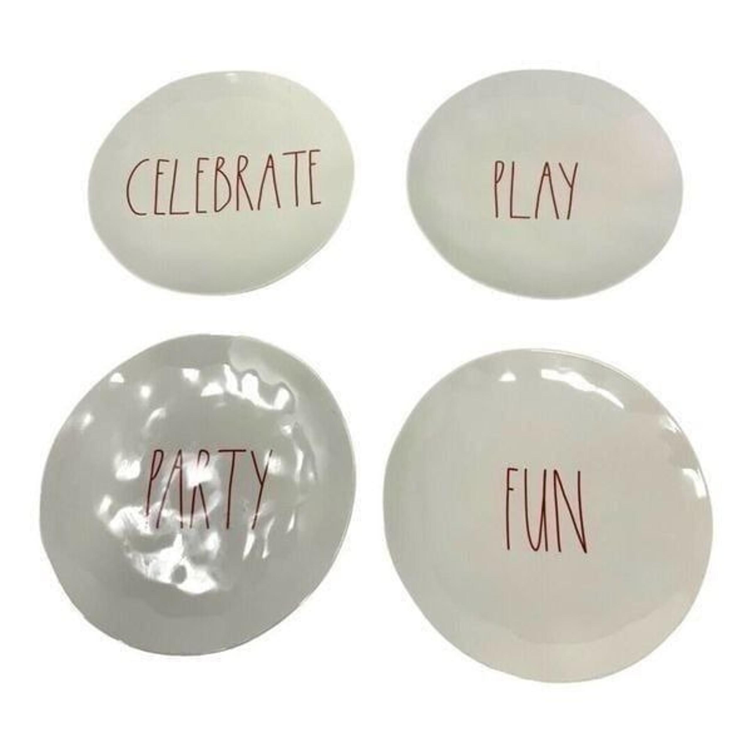RAE DUNN Magenta PARTY TIME Appetizer Plates Melamine 8" RED SET of 4 NWOT