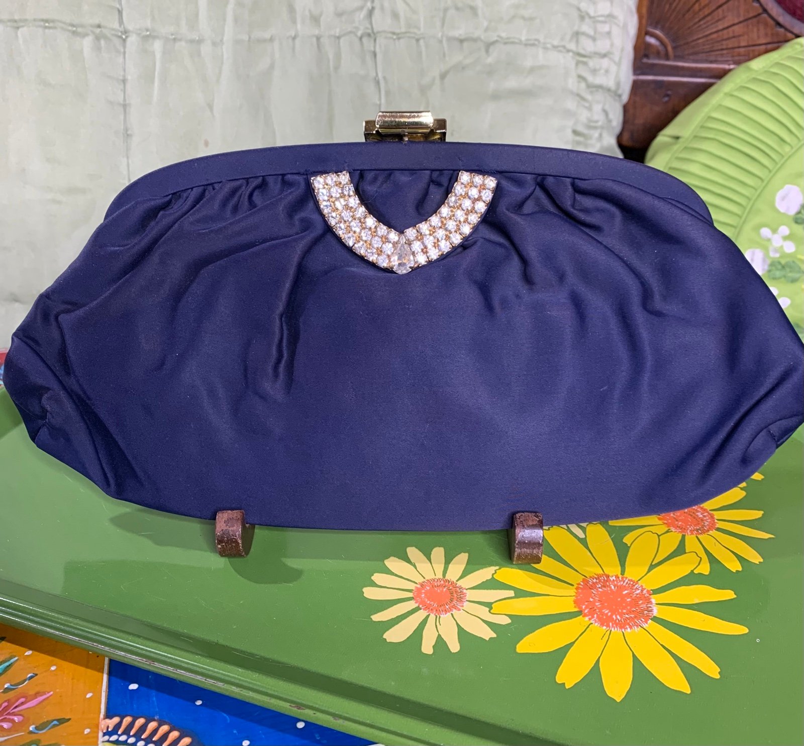 50s Blue Satin Rhinestone Clutch