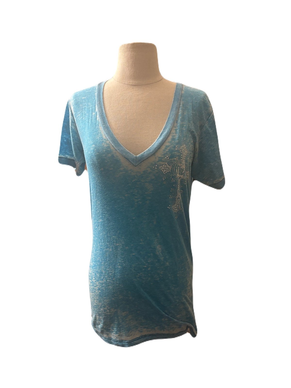 Affliction Cross Bling Graphic Thin T-Shirt Teal and White Size Medium