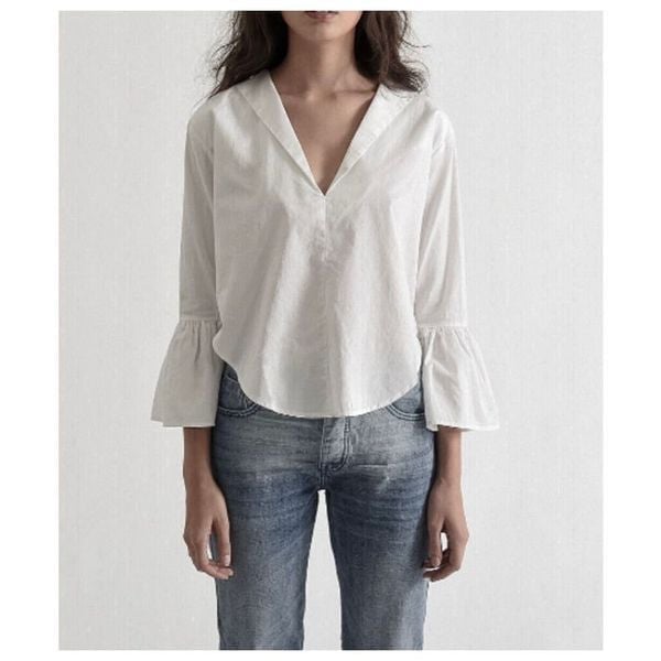 One Teaspoon Top Creeper Cotton Bell Sleeve Ruffles V-Neck with Collar White S