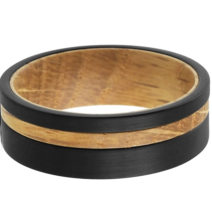 Men's tungsten wedding band ring whiskey barrel wood off-center inlay 8mm