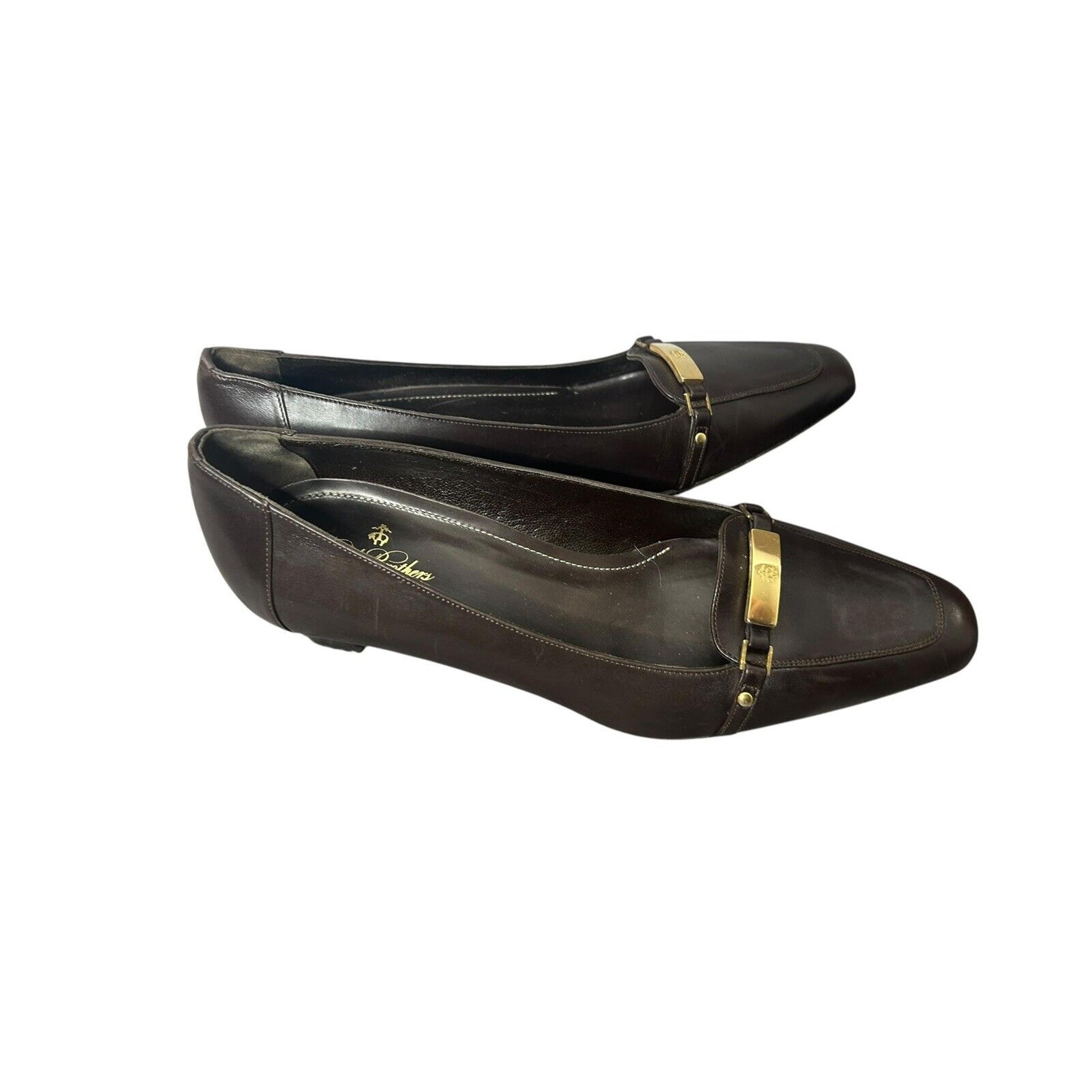 Brooks Brothers Block Heel Pumps Womens 7.5 Brown Leather Gold Bar Shoes