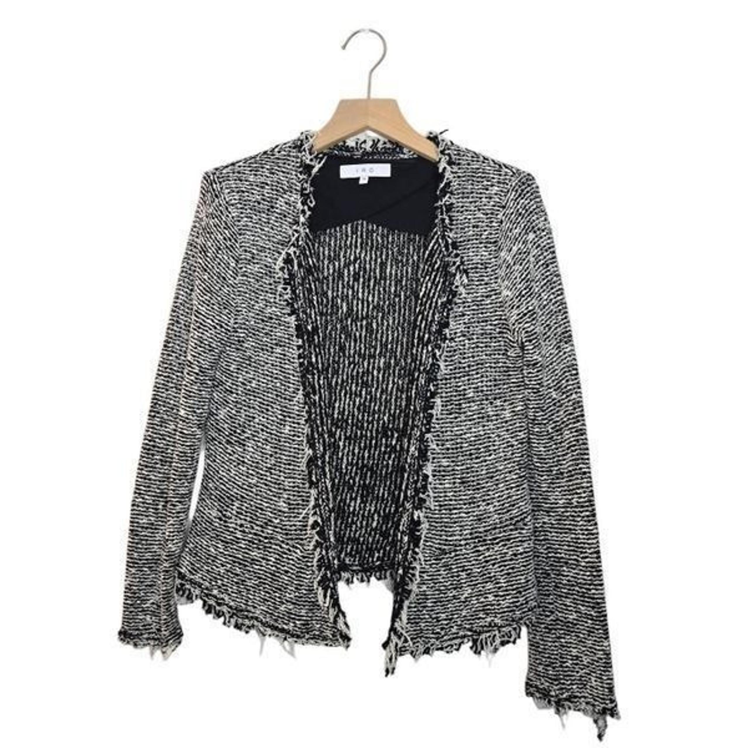 IRO Paris Women's Tweed Open Front Blazer Jacket Black White Size 36 Frayed Hem
