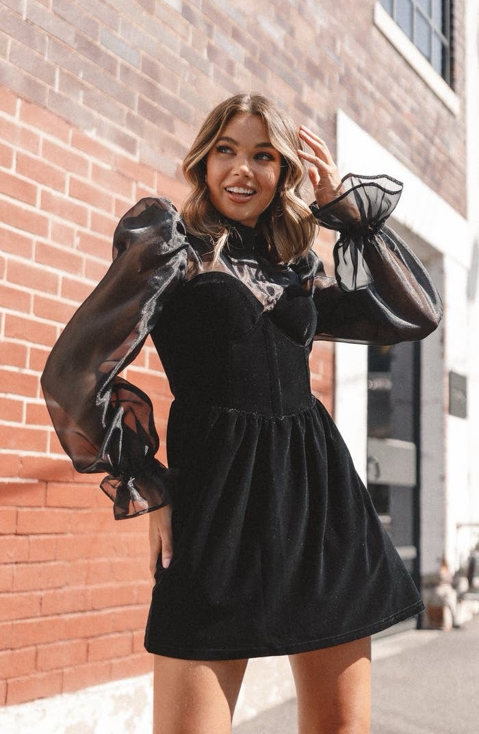 Petal & Pup Blaire Organza & Velvet Long Sleeve Minidress