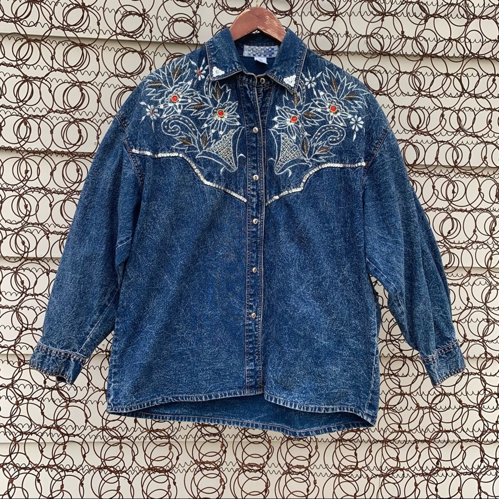 Vintage 90s acid wash denim sequin embellished shirt shacket MEDIUM