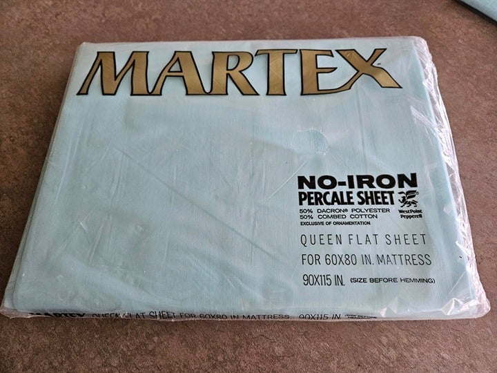 Vtg NIP Martex Queen Flat Sheet Light Blue Green Aqua No-Iron Percale