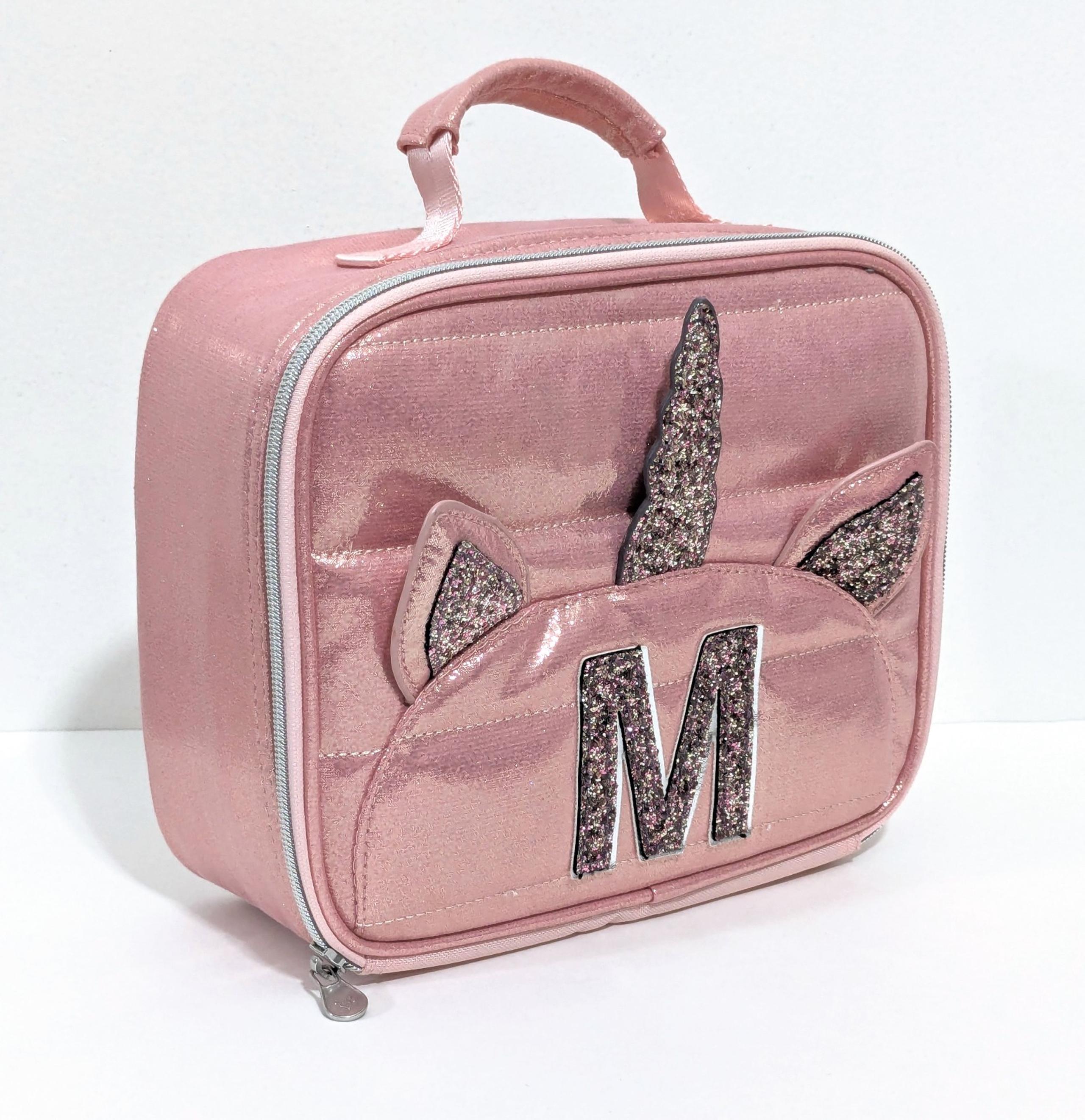 Justice Insulated Glittery Shimmering Rose Gold Pink Unicorn Lunchbox Monogram M