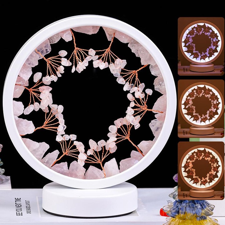 Round Rose Quartz Gemstone Tree LED Healing Crystal Nightlight