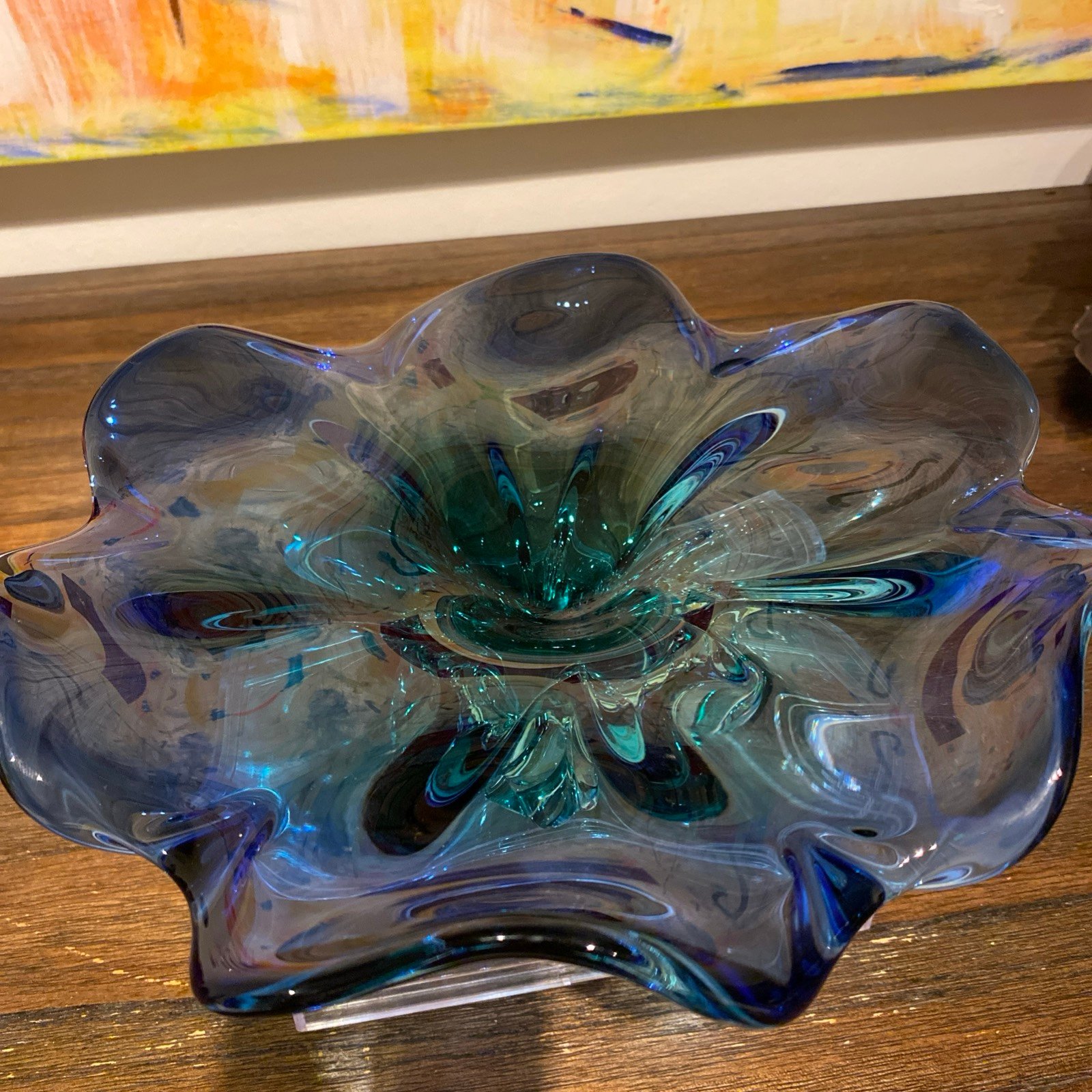Murano Art Glass Flower Dish Blue Ruffled Edge Green Center Clear Base Italy