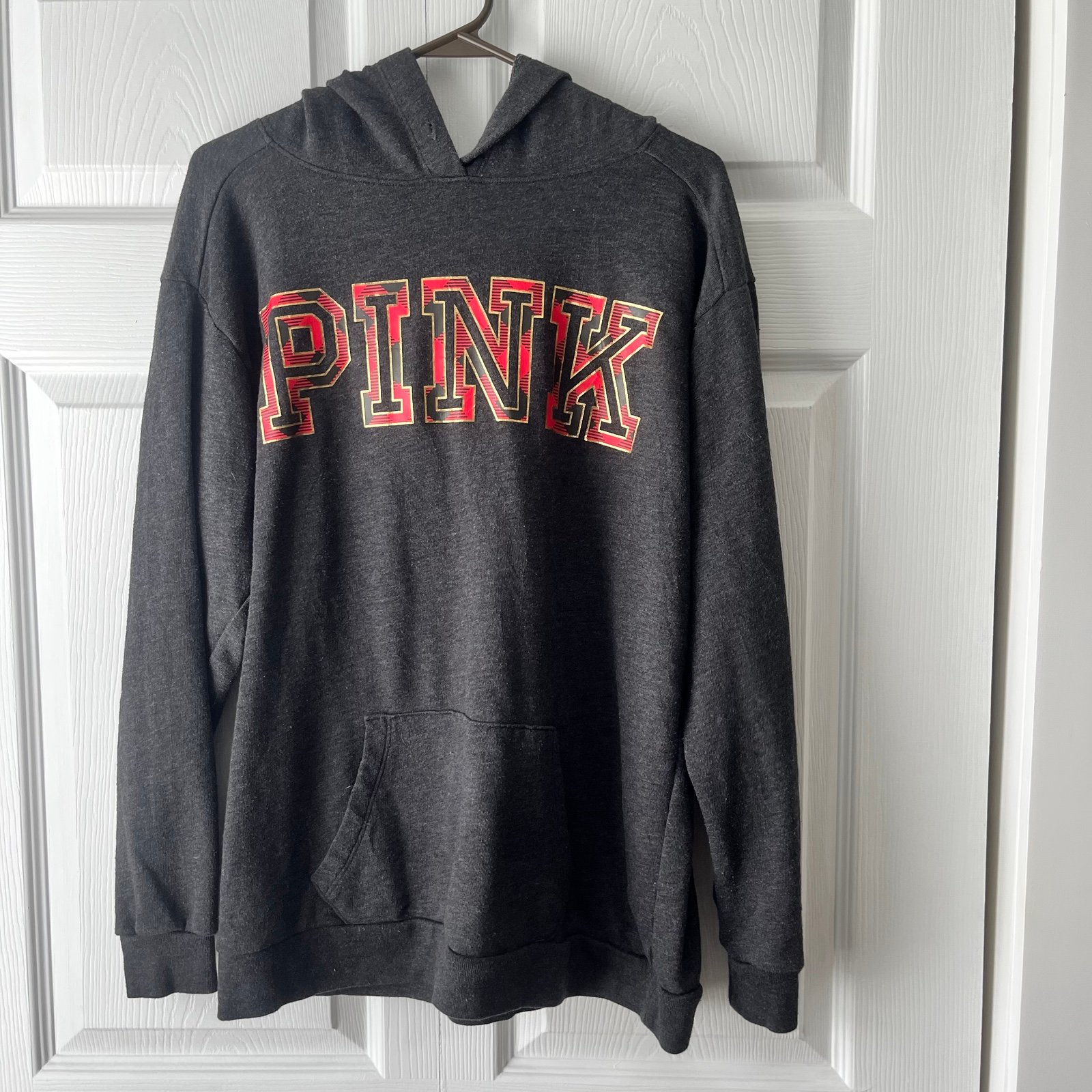 Vs Victorias Secret Pink Campus Cowl Neck Sweater Jacket Top Grey Plaid Foil Med