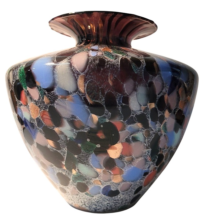 Azzurra Italy Vase Mouth Blown Italian Purple, Blue Copper Veteria Flaw 9 in