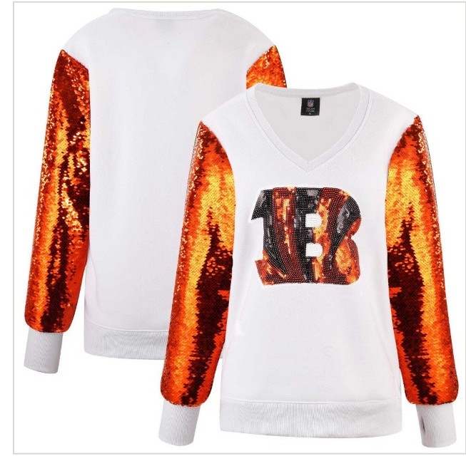 Cuce White Cincinnati Bengals Sequin Sleeve V-Neck Pullover Sweatshirt NWT