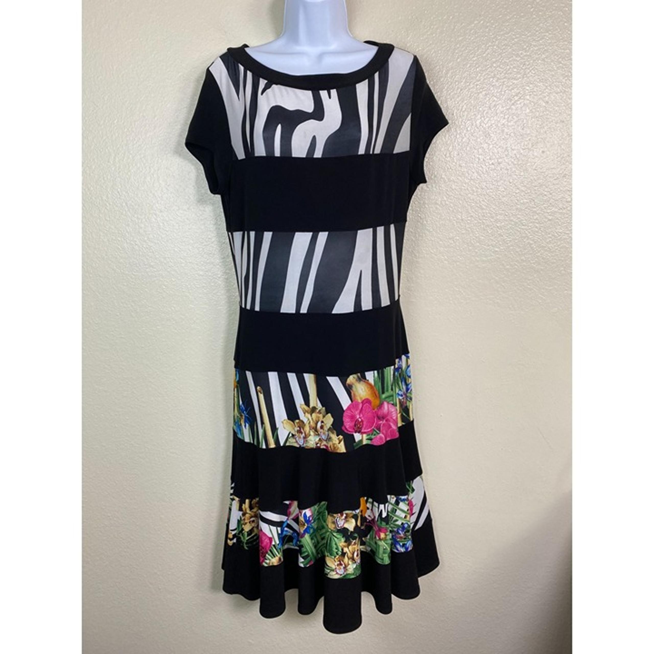Joseph Ribkoff Stripe Floral Midi Dress Women Size 10 Black White Short sleeve