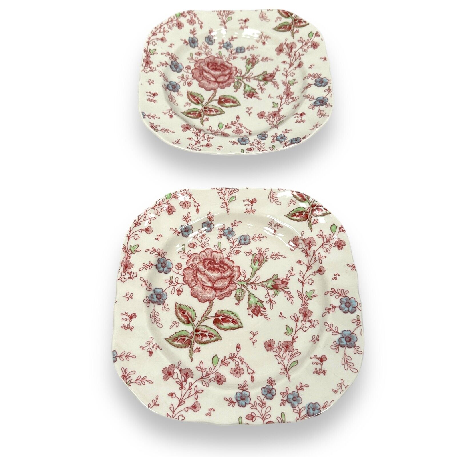 Johnson Bros England Salad Plates Pink Red Rose Chintz Square Lot of 2 New