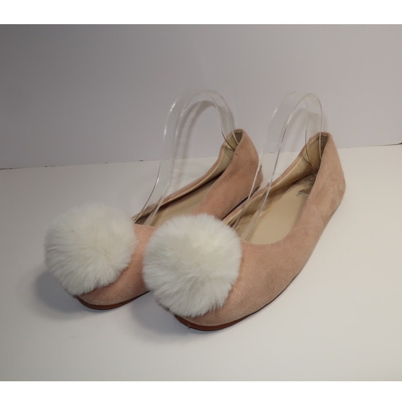 Vintage Pink suede, white pom-pom ballerina flats size 9