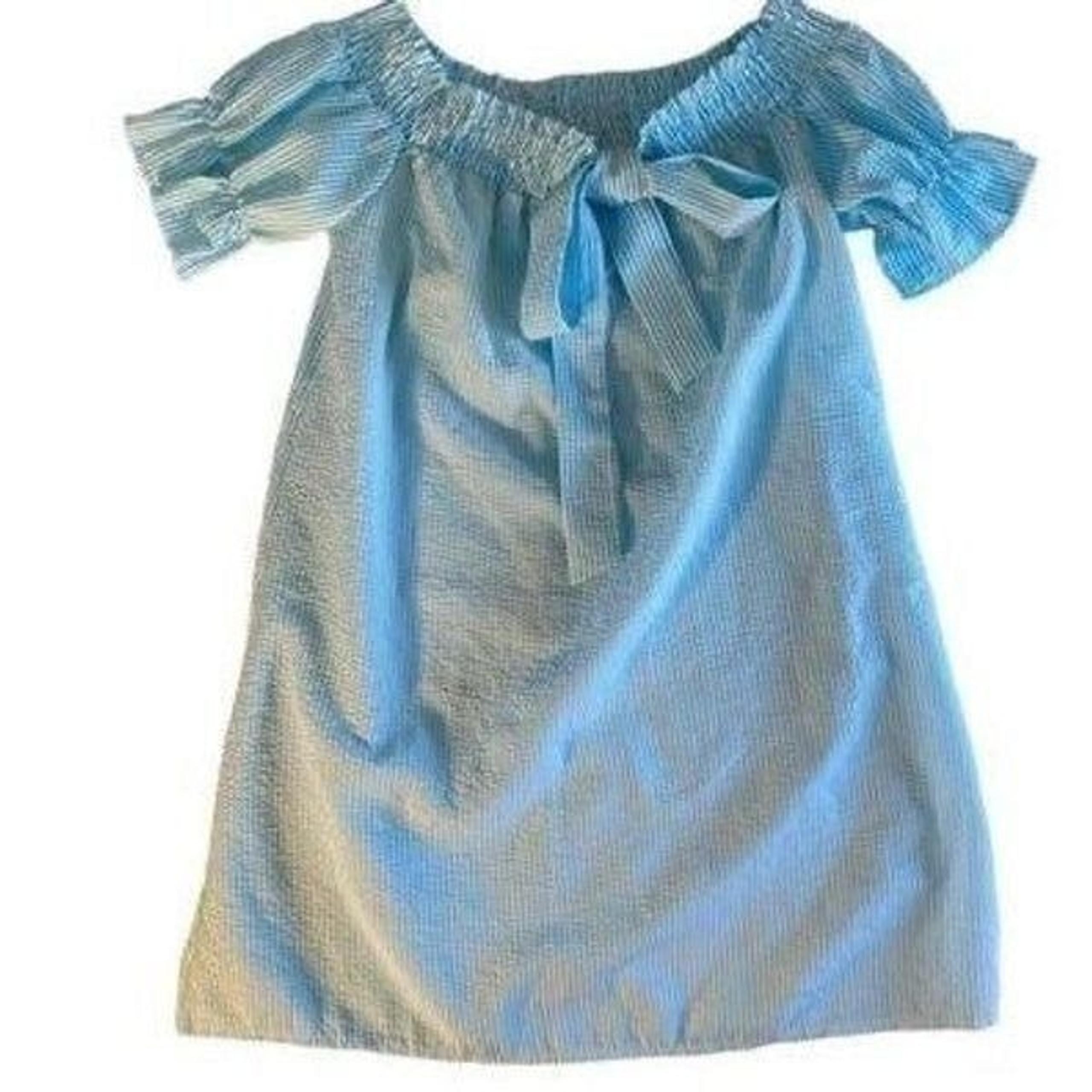 Cristina blue and white seersucker striped off shoulder dress size smal