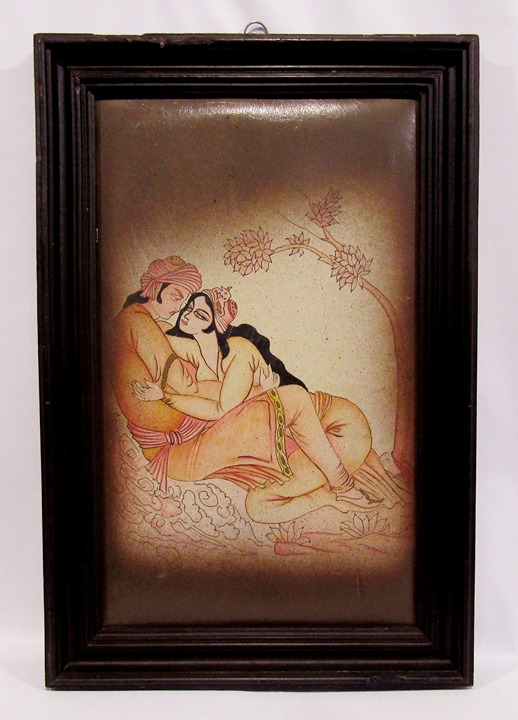 ATQ 1920's Persian Qajar Hand Painting LOVERS on Lamb Hide Skin Leather Framed