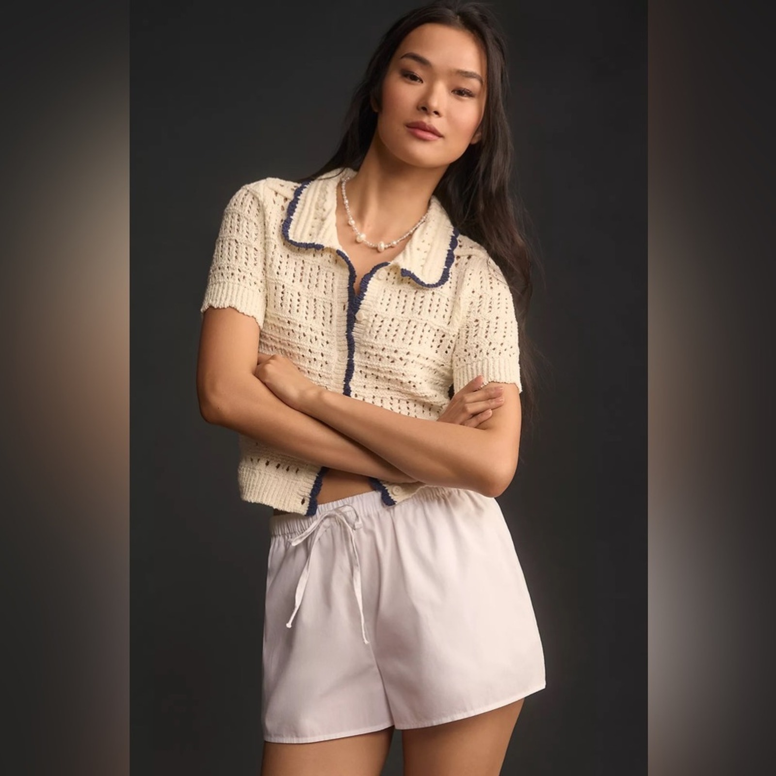 Women’s Maeve Short-Sleeve Open Stitch Polo Cardigan Sweater Small S
