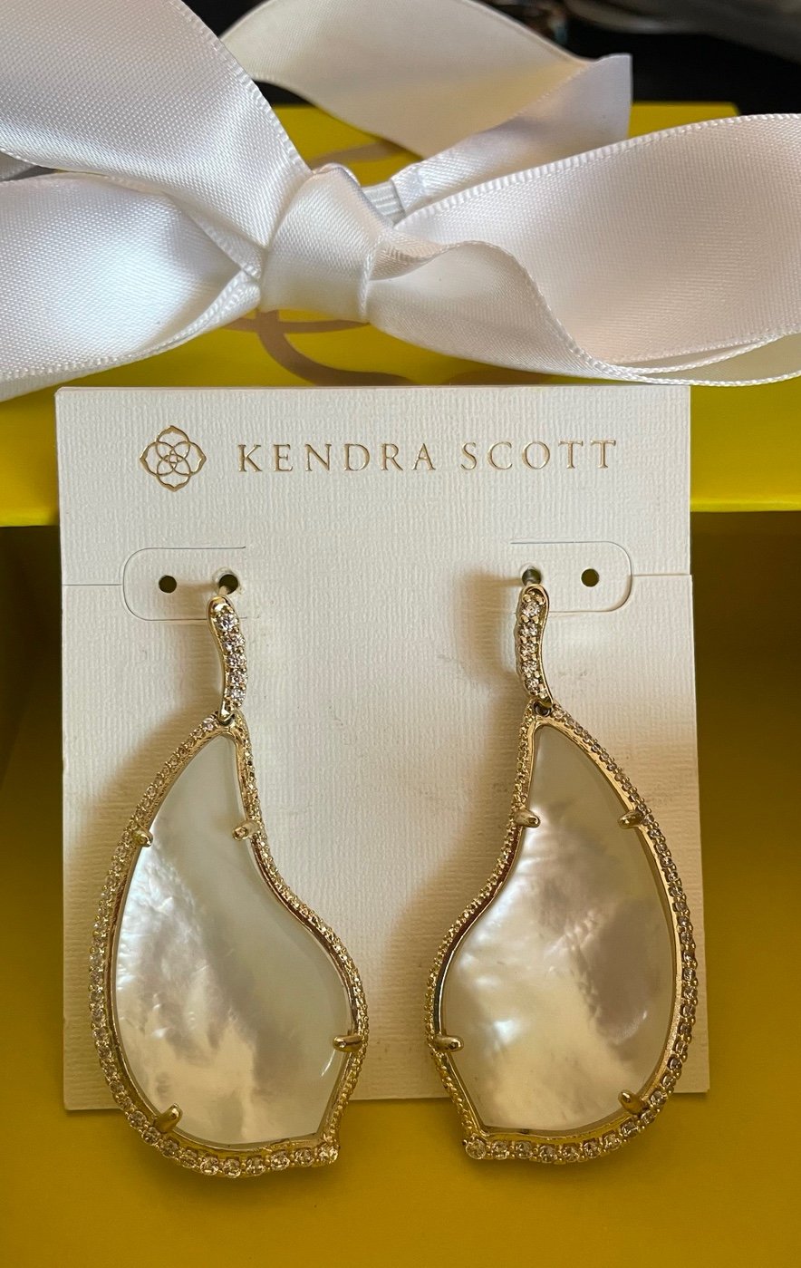 NWT 120 Kendra Scott MOP & Zircon Tinley Earrings, with KS Box, Bag & Bow