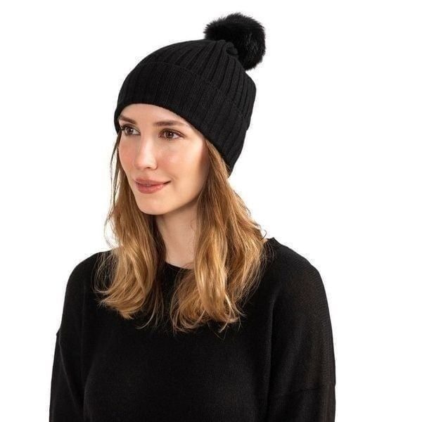 AMICALE Cashmere Genuine Shearling Pompom Beanie Hat, Color: Black, One Size NWT