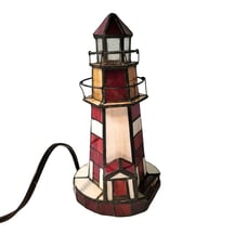 Lighthouse Tiffany Style Nautical Electric Lamp Red White Stained Glass 9.5''
