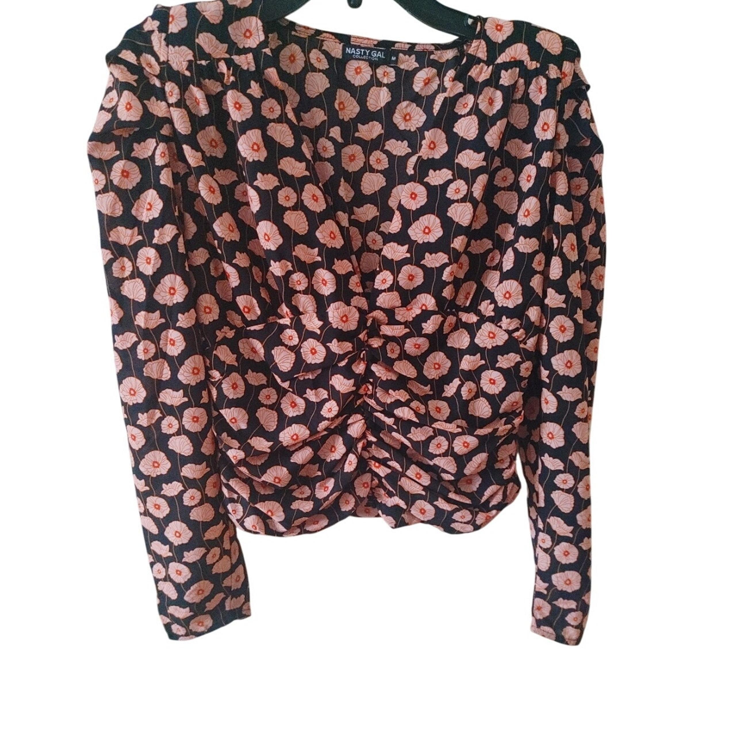 Nasty Gal Blouse Top V-Neck Poppy Floral Medium Shoulder Pads