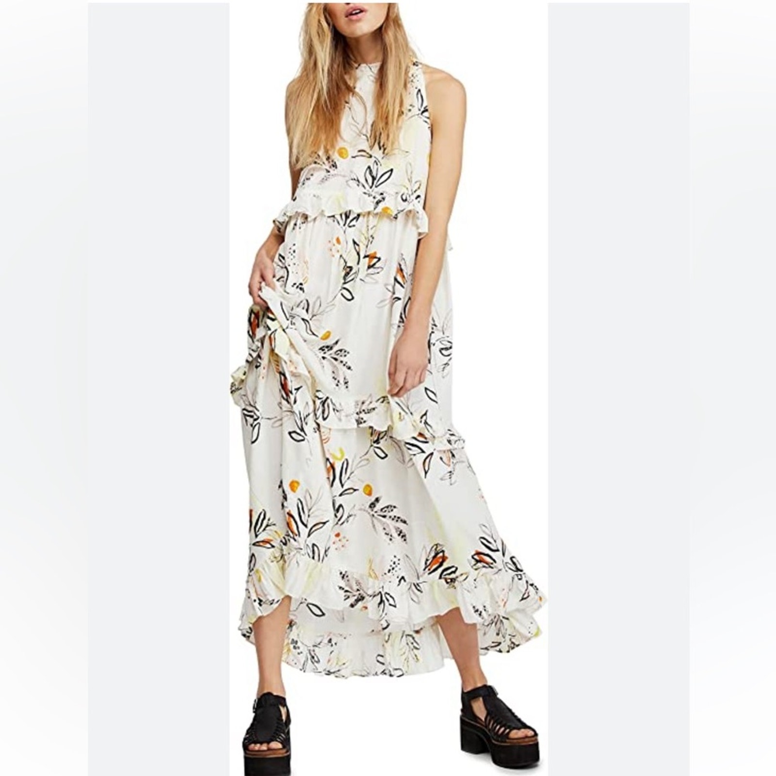 Free People Anita Ivory Multi Print Floral Sleeveless Maxi Dress Small