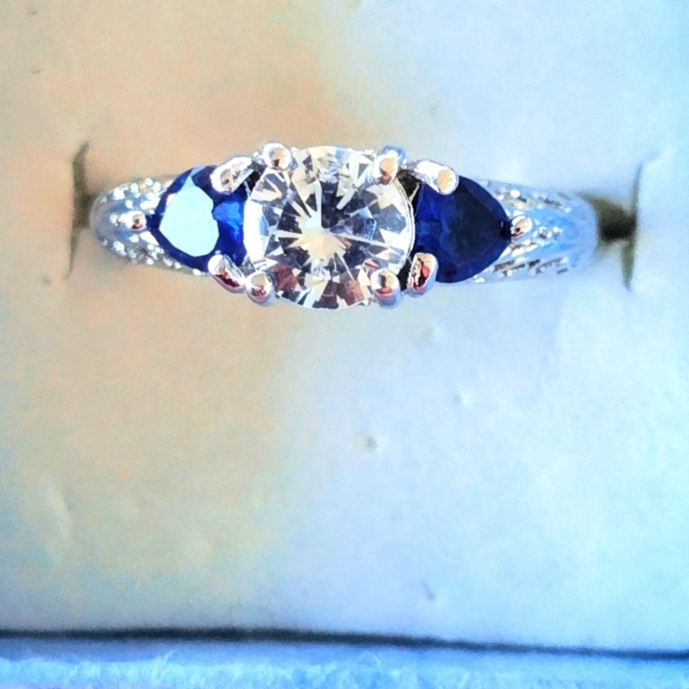 925 sapphire and simulated diamond Victorian filigree ring