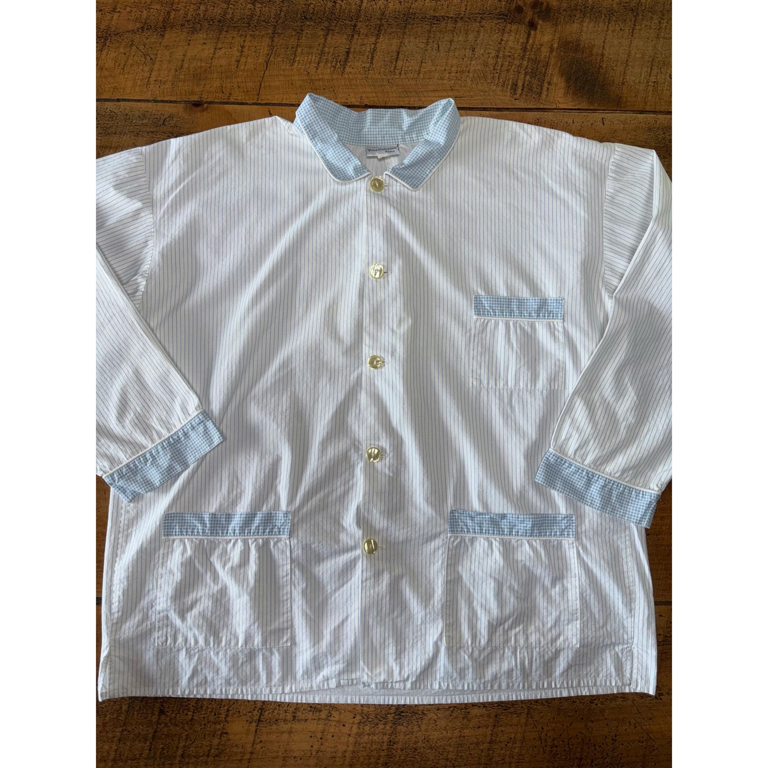 Womens Yves Delorme Blue White Long Sleeve Button Down Pajama Top 100% Cotton